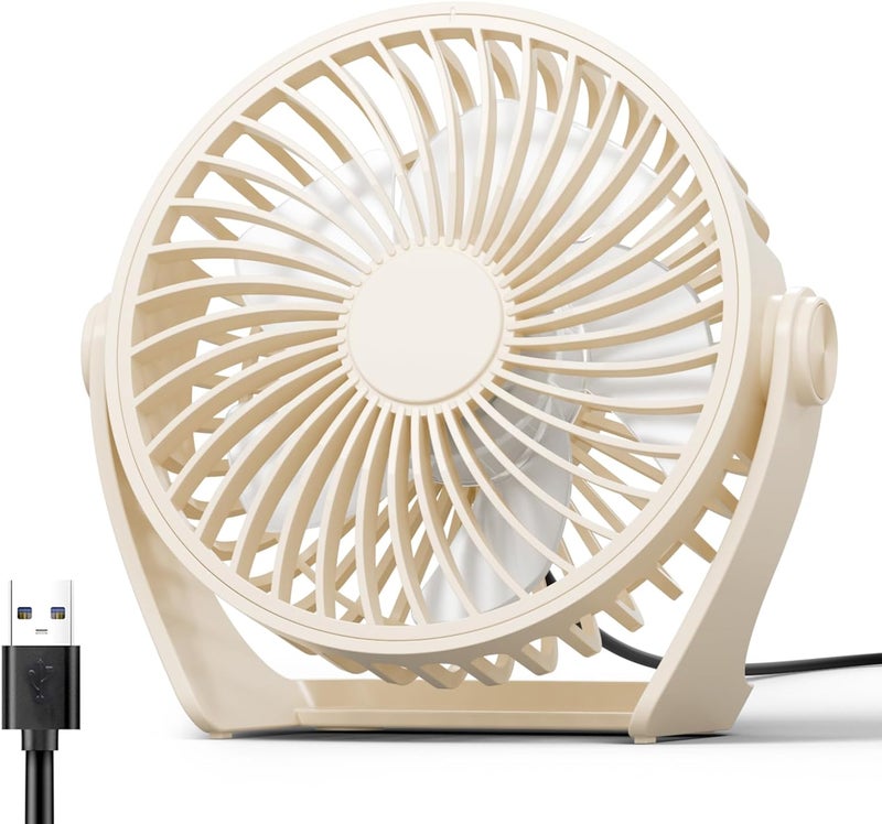 Edvision USB Desk Fan, 5 Inch Small Portable, 3 Speeds Powerful Wind Mini Personal Desktop Fan 360° Rotation Adjustable, Plug In USB Fan Quiet for Table Home Office Travel Car(Beige) - Image 1